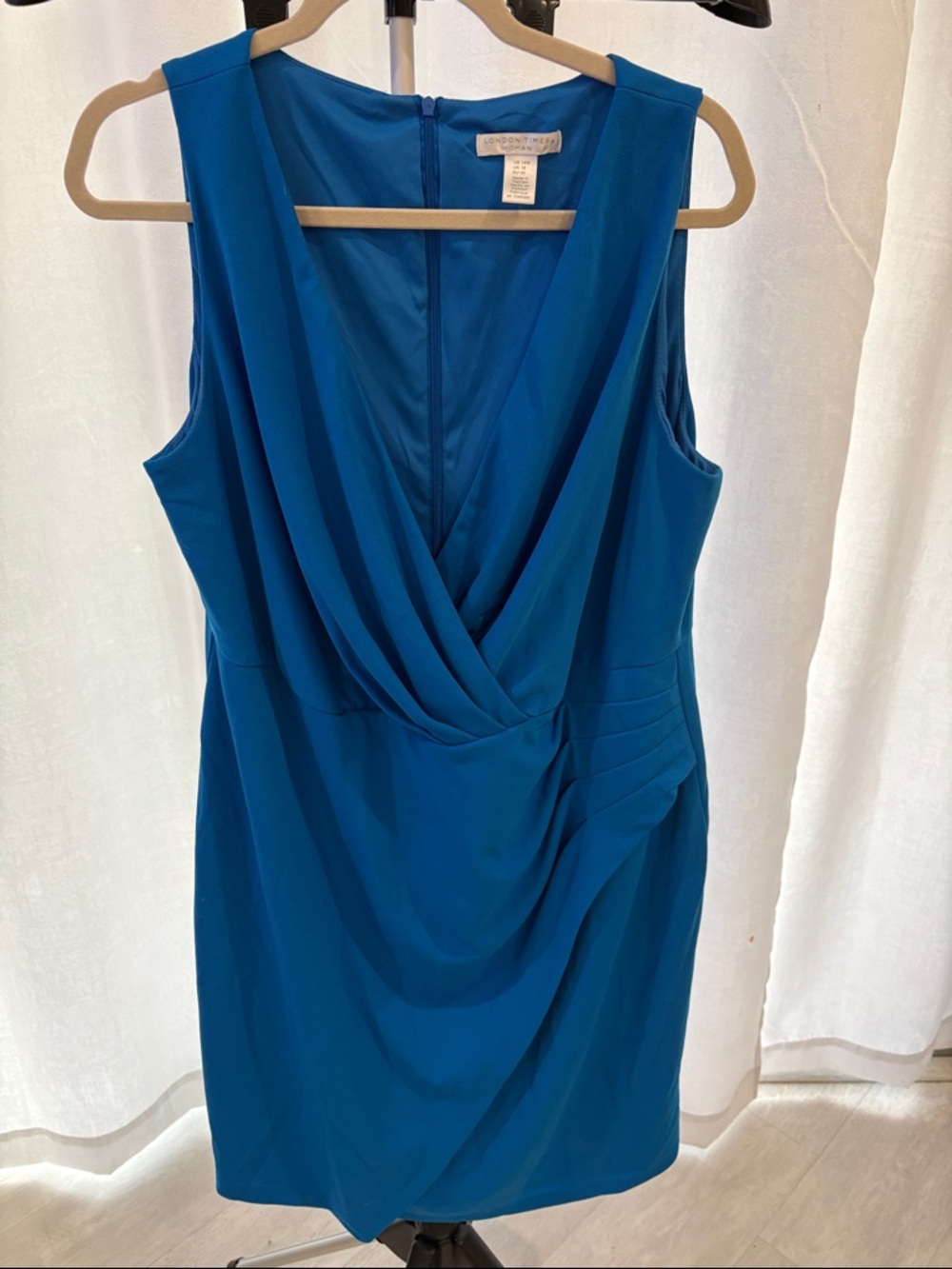 London Times Blue Draped Sheath Midi Dress